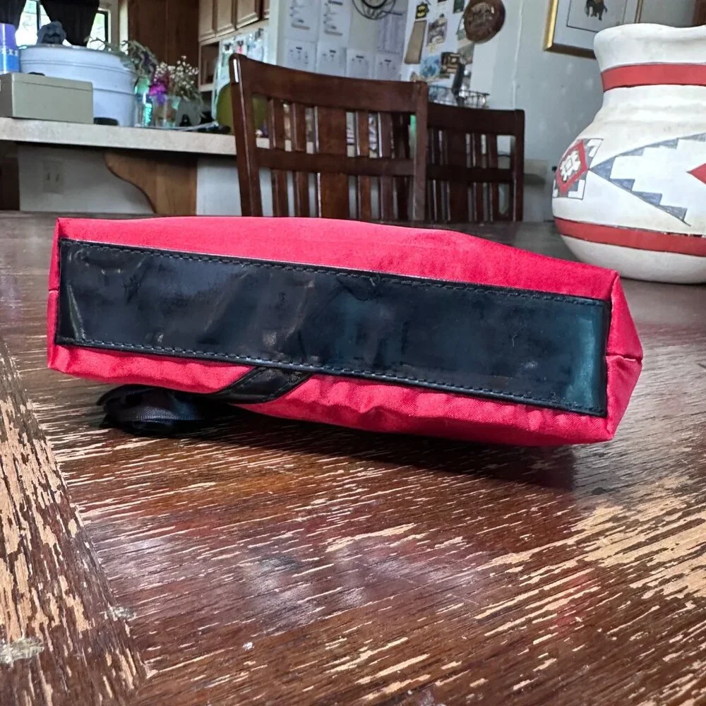 Lancome Red Satin Cosmetic Pouch With Black Accent Trim & Rose Detail